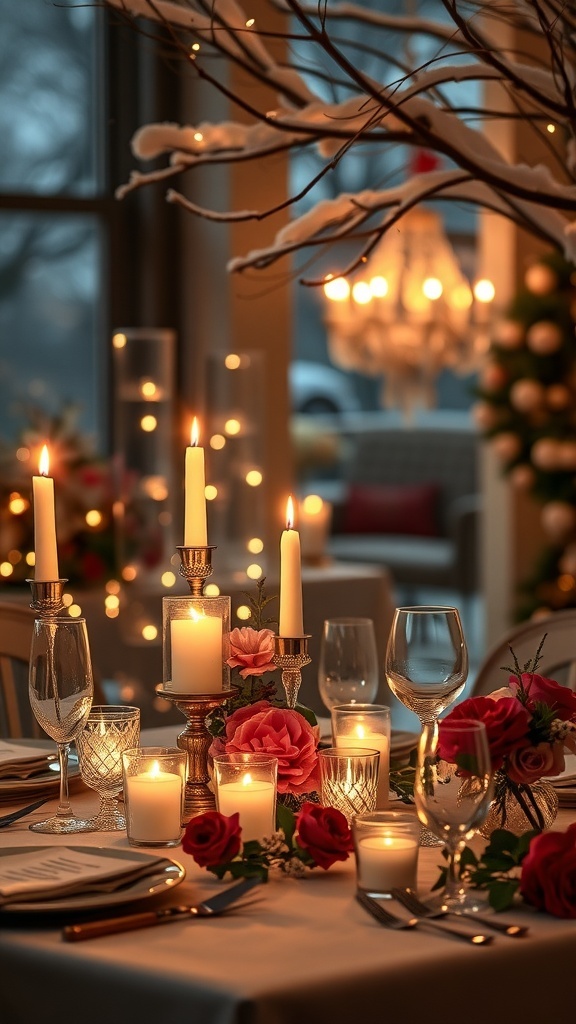 A beautifully set winter dinner table with candles and flowers.