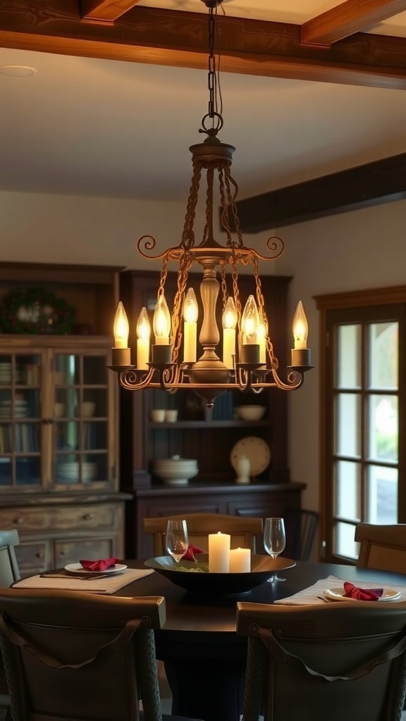 A rustic chandelier with candle-like lights hanging over a dining table.