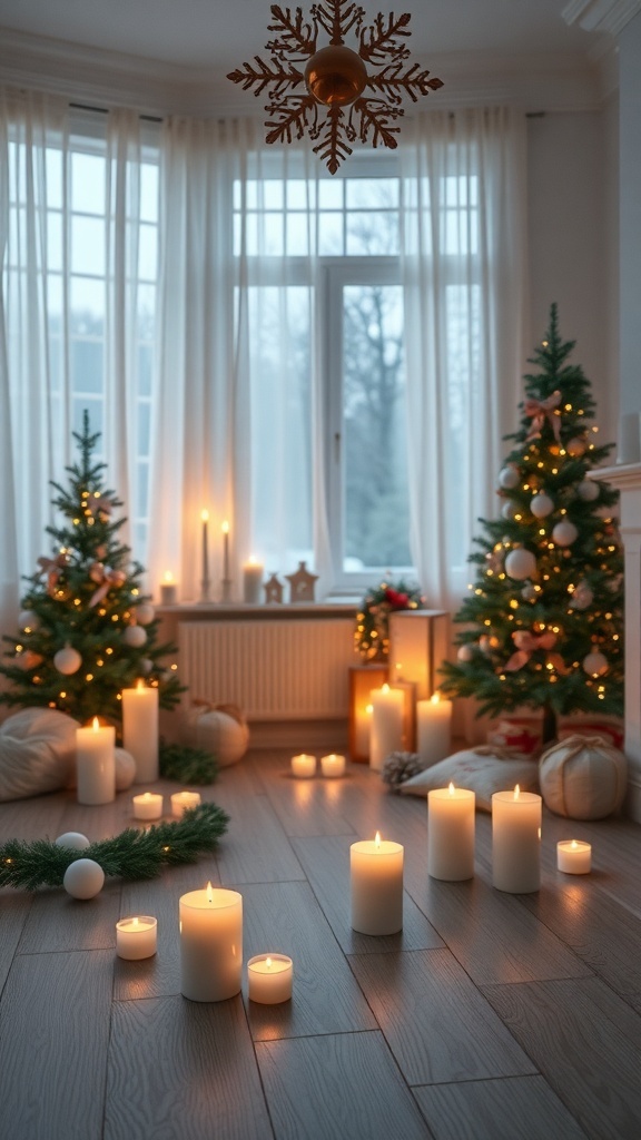 A cozy Christmas room with candles and decorated trees.