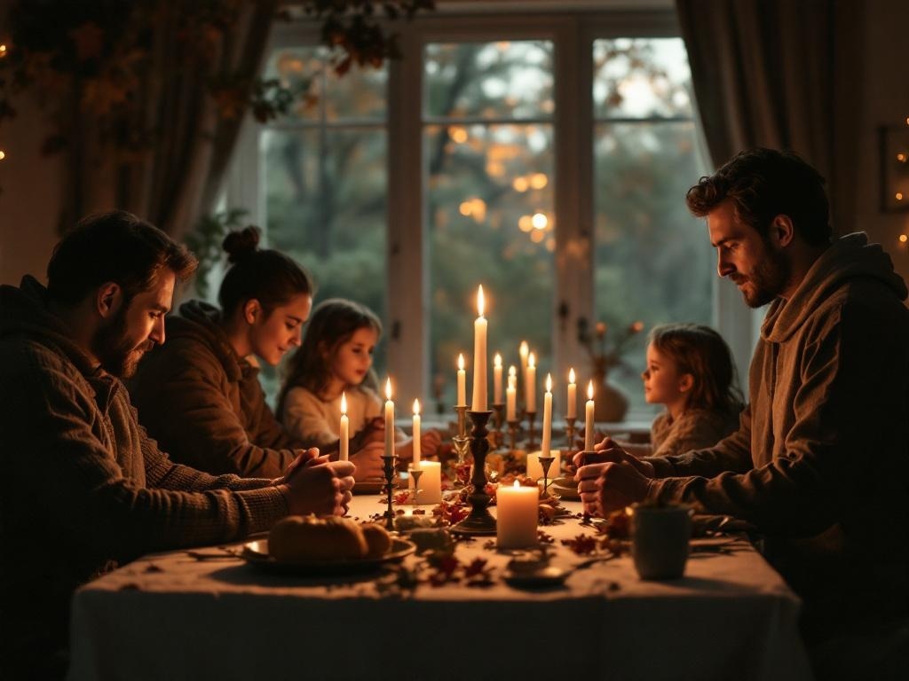 A family gathered around a candlelit table for Thanksgiving prayer.