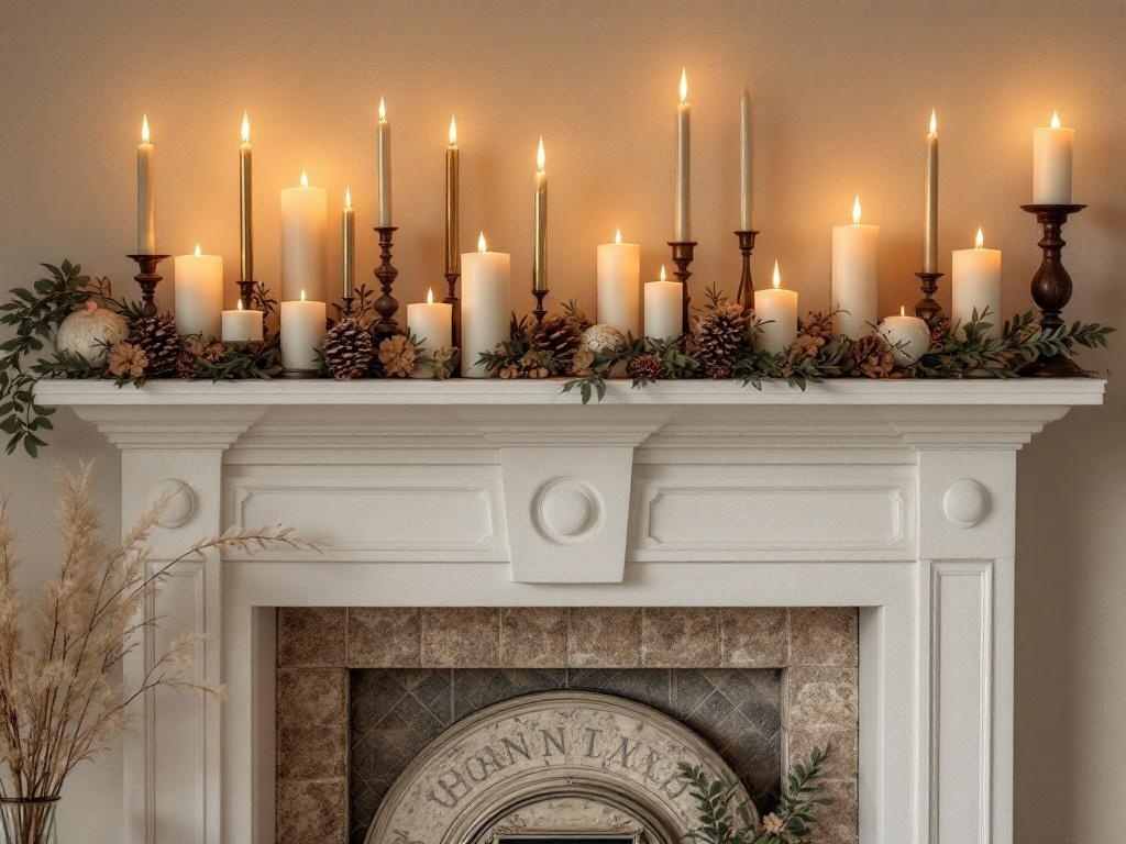 A beautifully decorated mantel with various candles, pinecones, and greenery, creating a warm and inviting atmosphere.