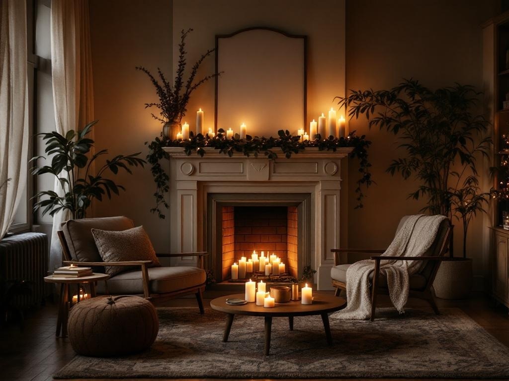 A cozy living room decorated for Thanksgiving with candles, a fireplace, and comfortable seating.