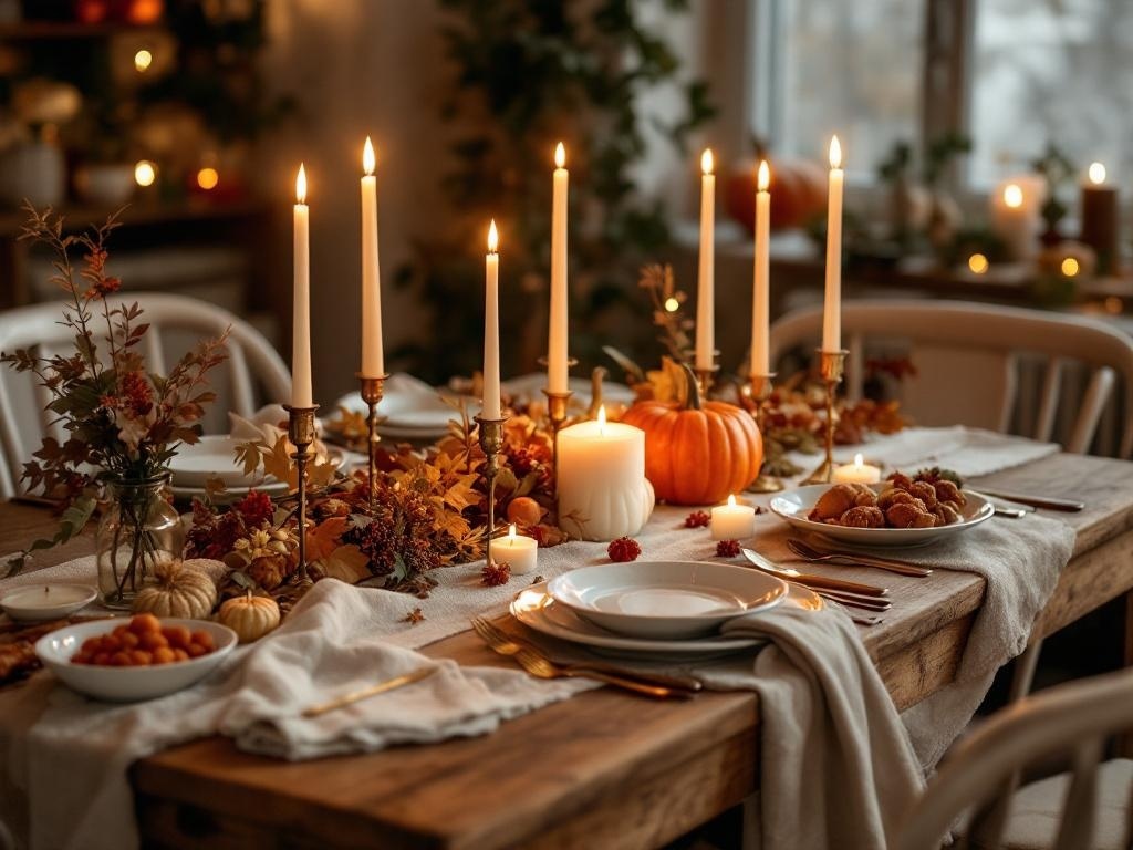 A Thanksgiving table set with candles, autumn decorations, and plates of food.