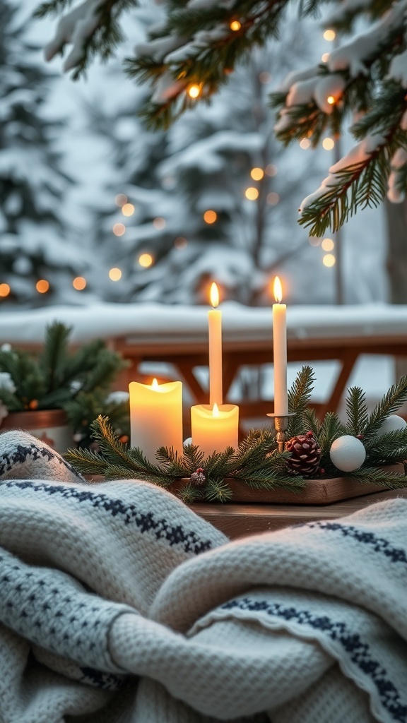 A cozy winter scene with candles, greenery, and a soft blanket.