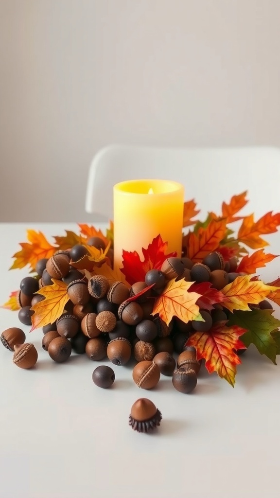 A fall centerpiece featuring a candle surrounded by acorns and autumn leaves.