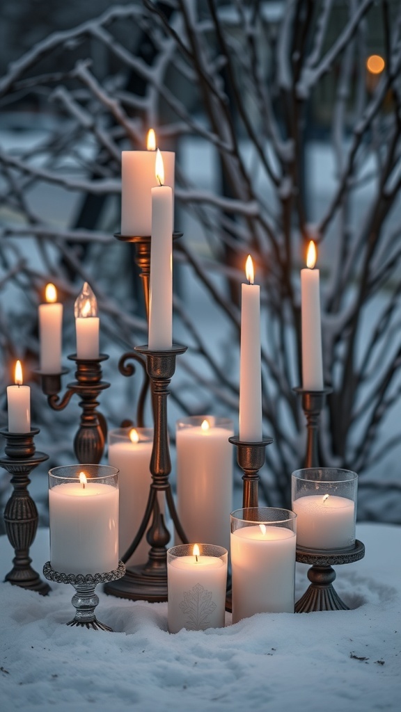 A collection of white candles in various holders, set against a snowy background.