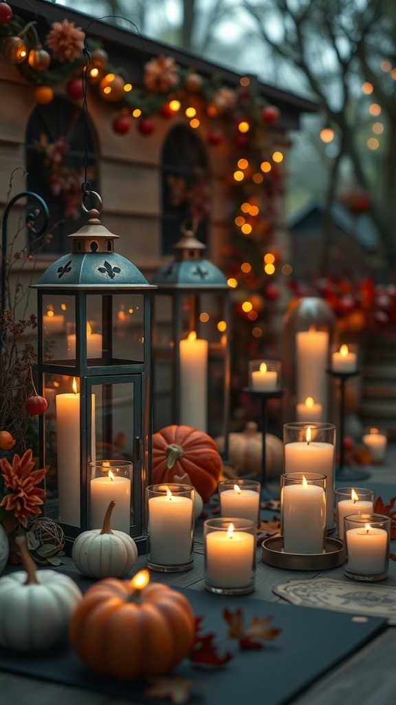 A cozy fall table setting with candles, lanterns, and pumpkins.