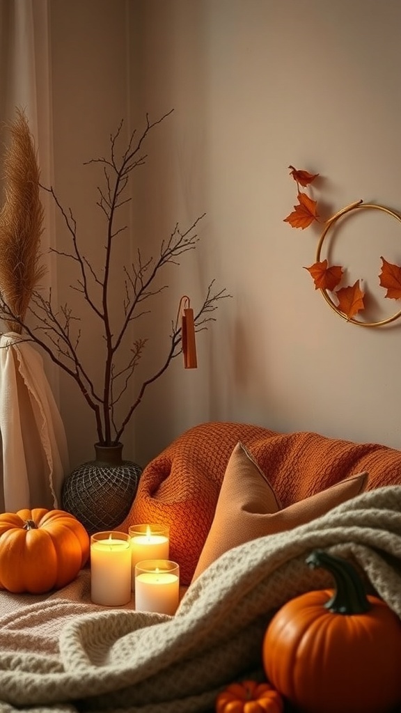 Cozy fall room with candles, pumpkins, and warm colors