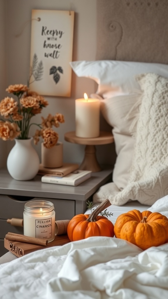 A cozy fall bedroom scene featuring a lit candle, pumpkins, and soft bedding.
