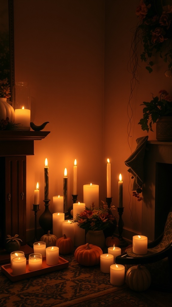 A cozy fall room decor featuring various candles, pumpkins, and soft lighting.