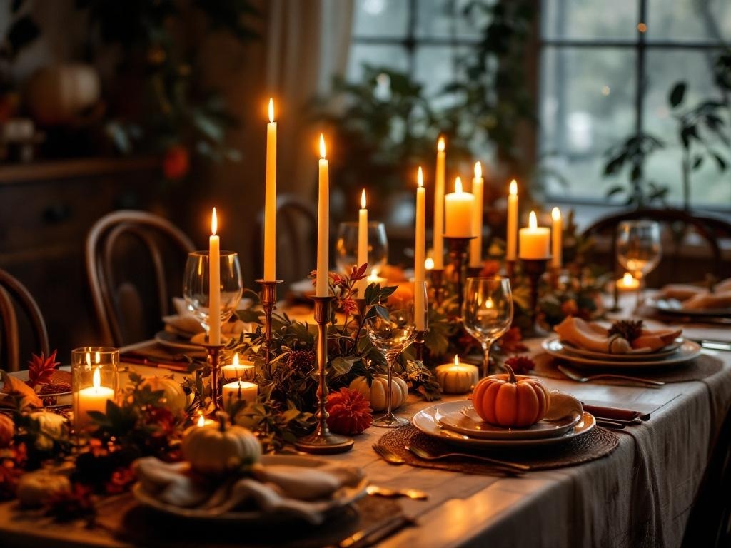 A beautifully set Thanksgiving table with candles and soft lighting, featuring pumpkins and greenery.
