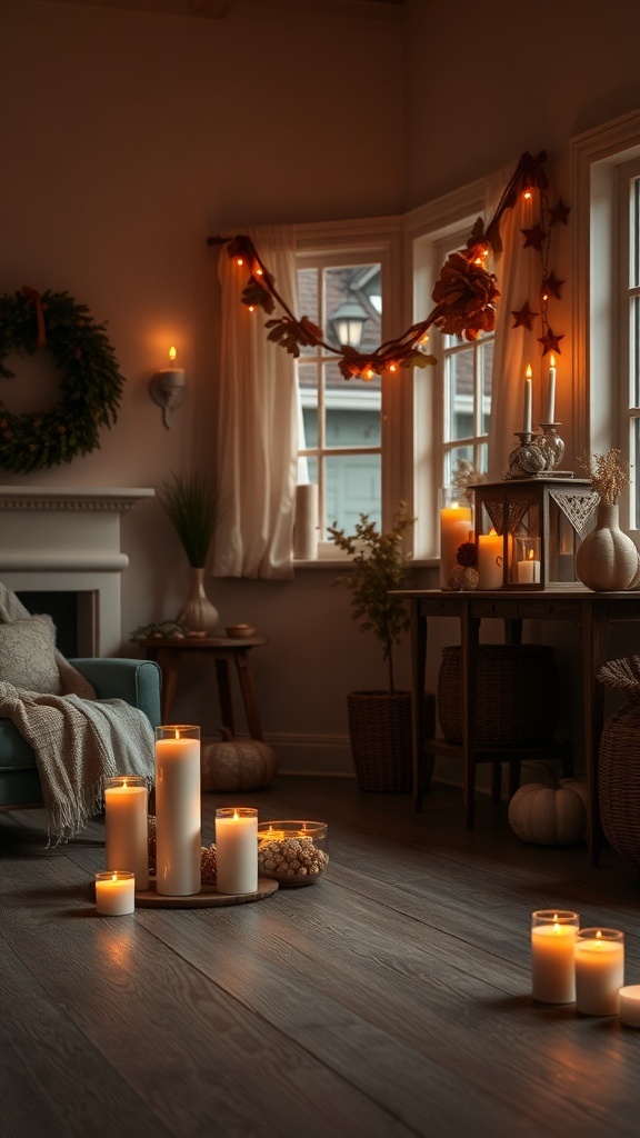 A cozy room decorated for fall with candles and warm lighting.