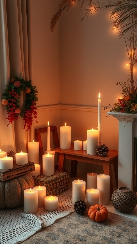 A cozy room decorated with candles, pumpkins, and autumn decor.