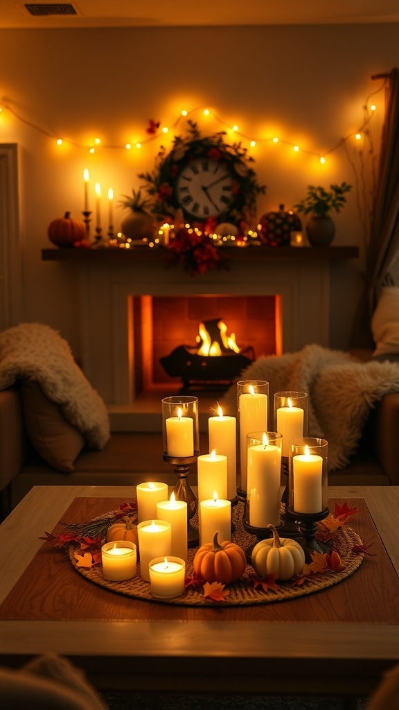 A cozy fall setting with flickering candles, pumpkins, and a warm fireplace.