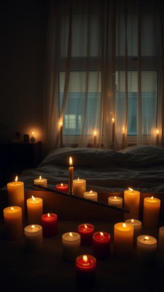 A cozy bedroom filled with candles of various sizes and colors, creating a warm glow.