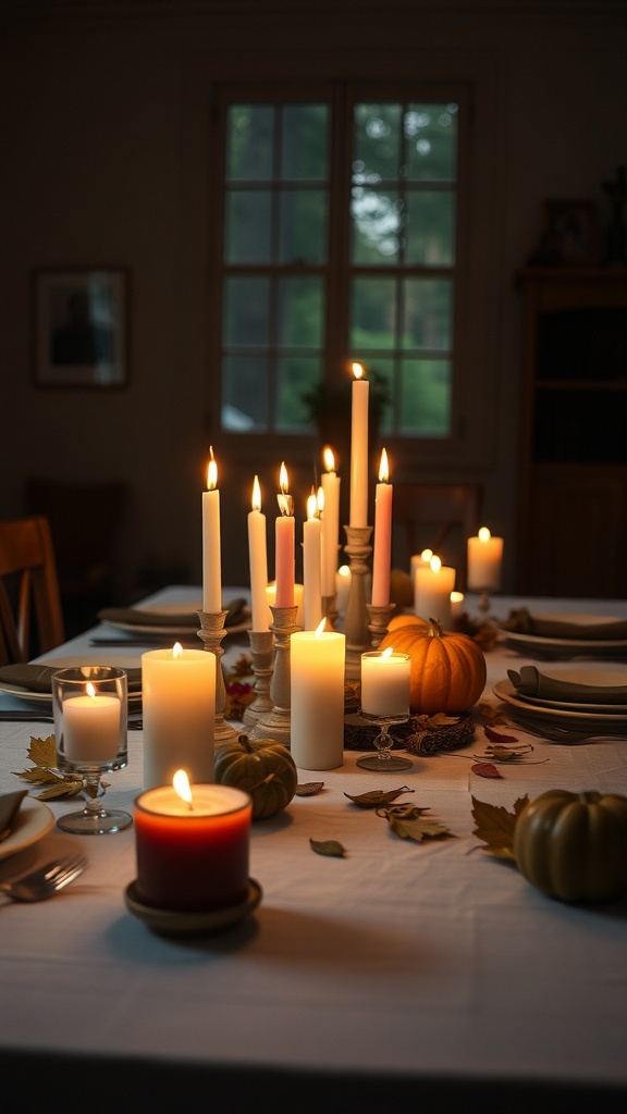 A cozy fall table setting with various candles, pumpkins, and autumn leaves.