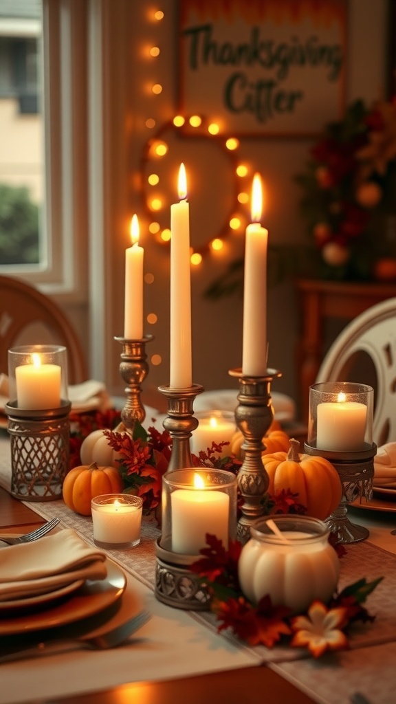 Thanksgiving table setting with candles in decorative holders, pumpkins, and autumn leaves.