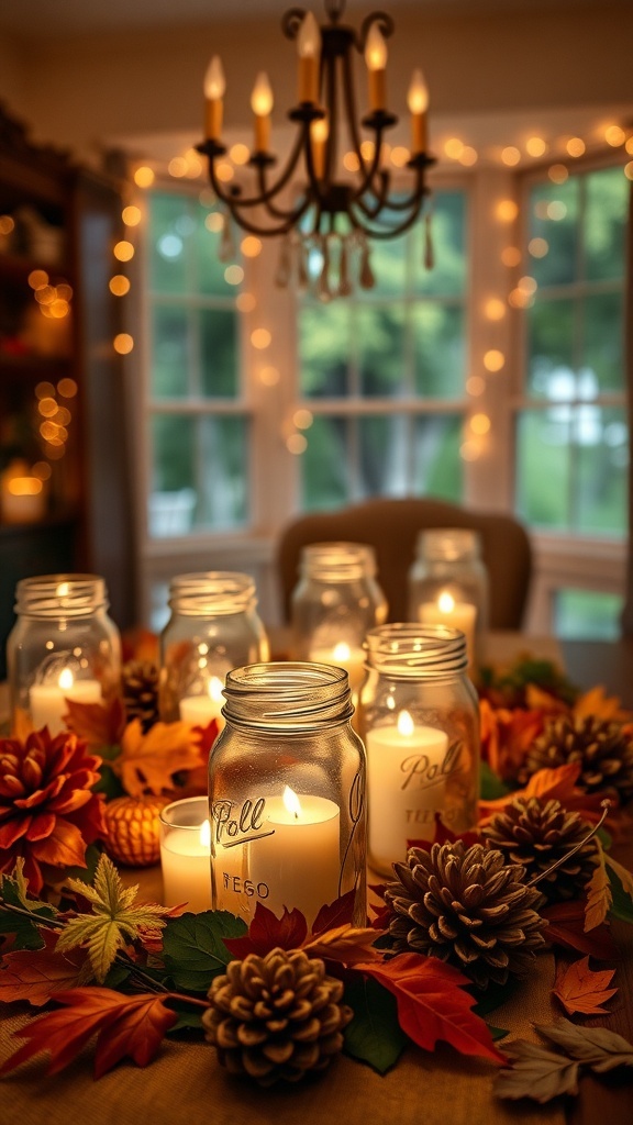 Mason jars with candles surrounded by autumn leaves and pinecones