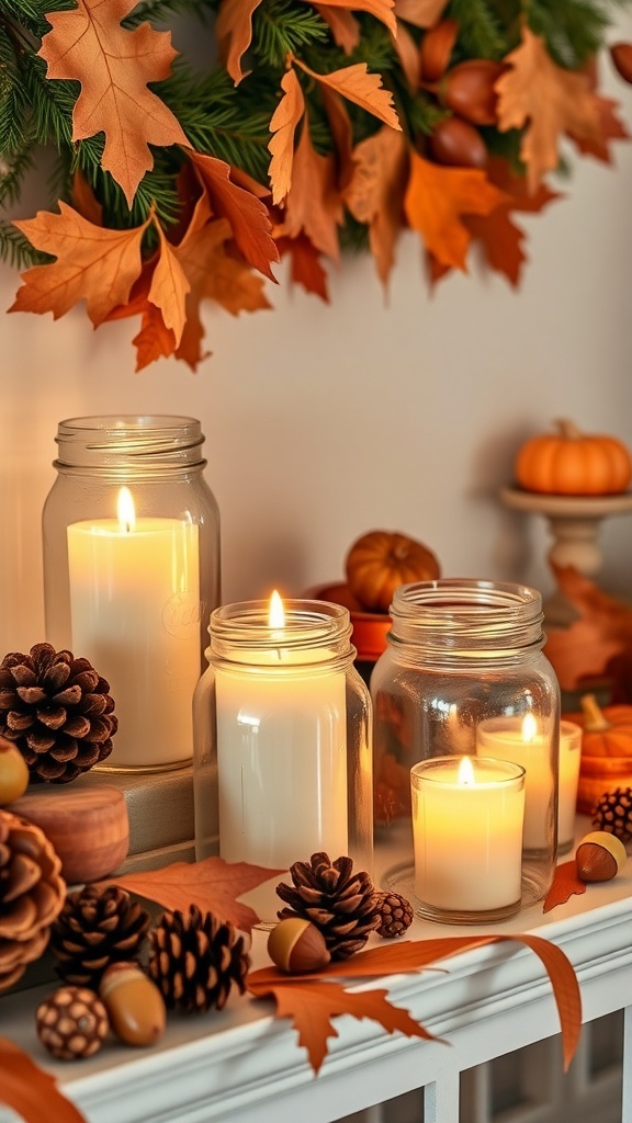 Candles in mason jars on a fall-themed mantel with pinecones and autumn leaves.