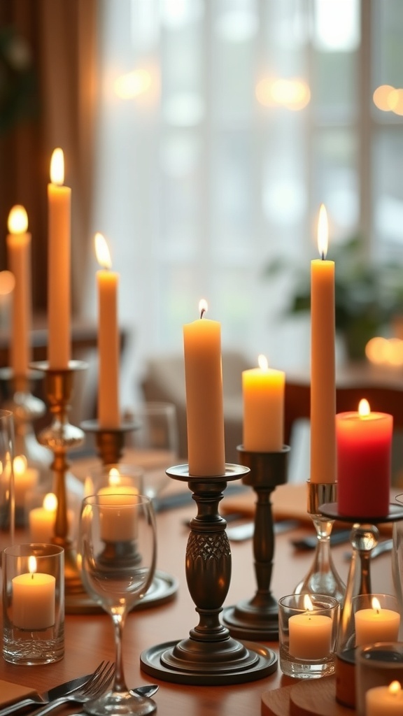 A beautifully arranged dining table with various candles in unique holders, creating a warm and inviting atmosphere.