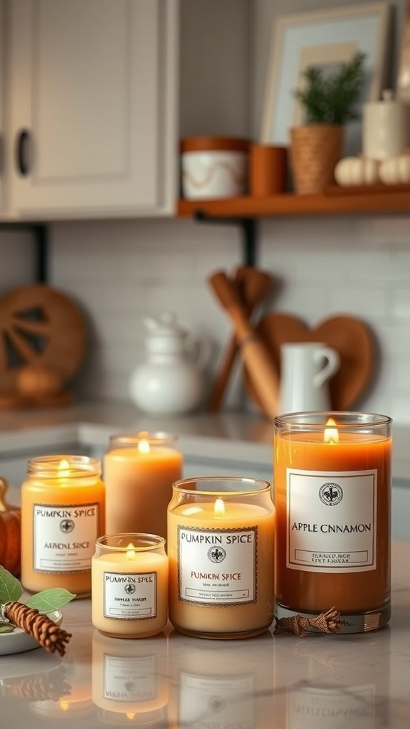 An assortment of candles in warm scents like pumpkin spice and apple cinnamon, arranged on a kitchen counter.