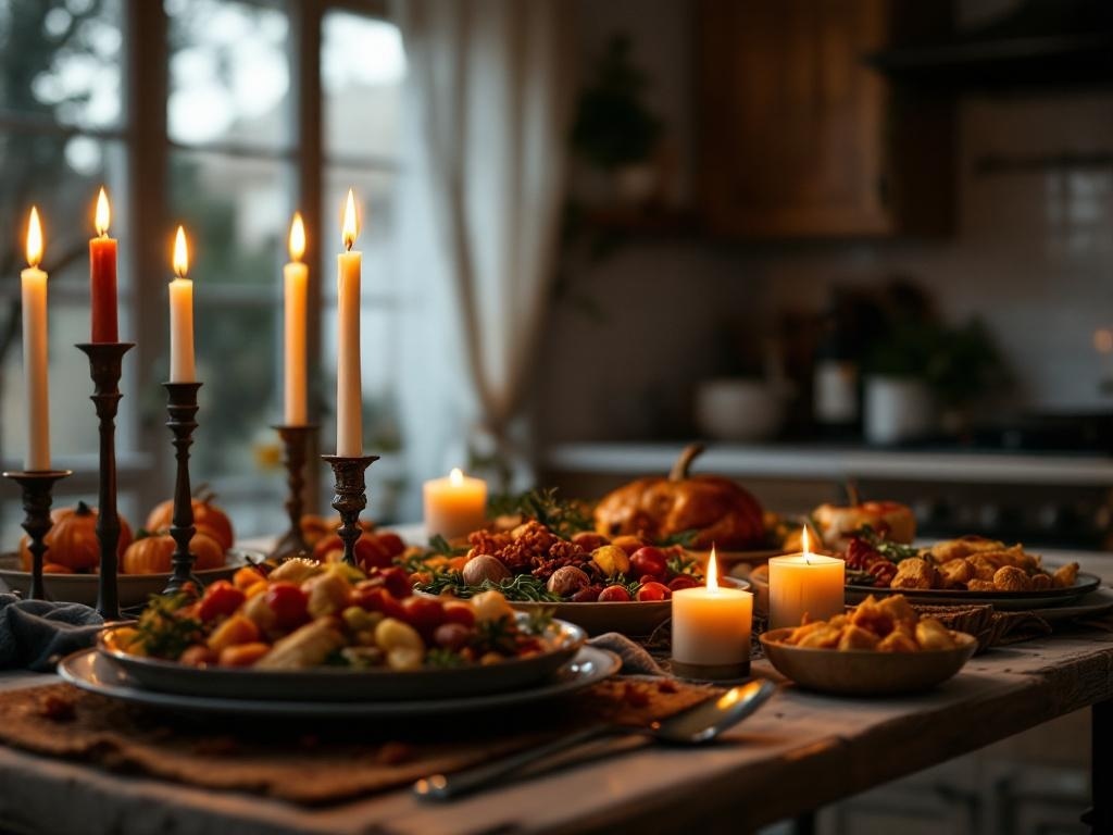 A beautifully set Thanksgiving table with candles and a variety of festive dishes.