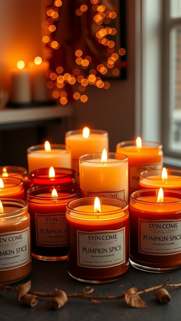 A collection of pumpkin spice candles with flickering flames, surrounded by warm autumn decorations.