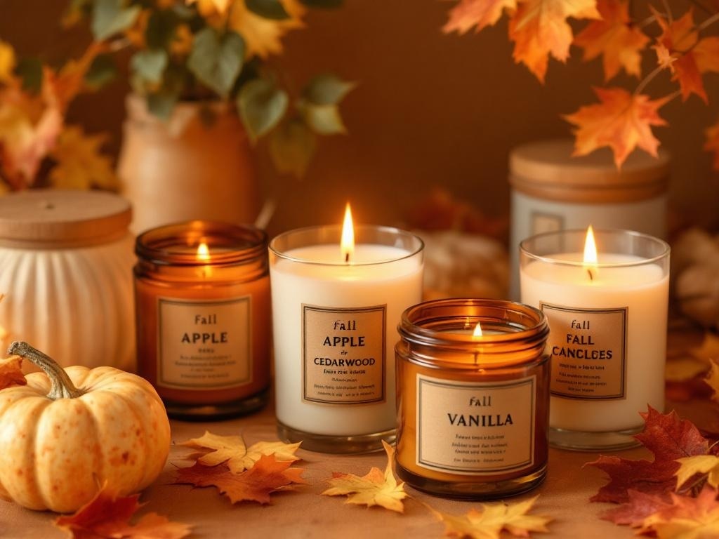 A collection of fall candles with fragrances like apple, cedarwood, and vanilla, surrounded by autumn leaves and small pumpkins.