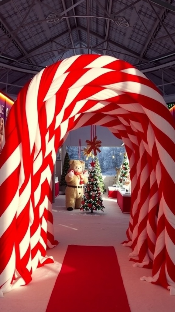 Indoor Christmas archway decorated with candy cane stripes, featuring a red carpet and festive elements.