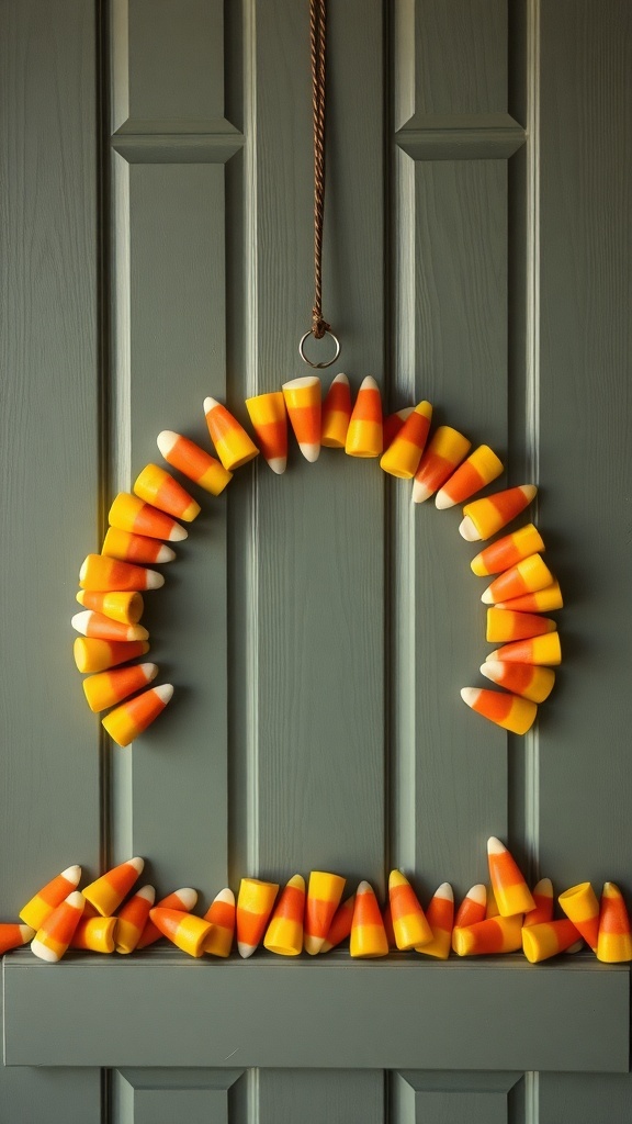 A wreath made of candy corn hanging on a door.