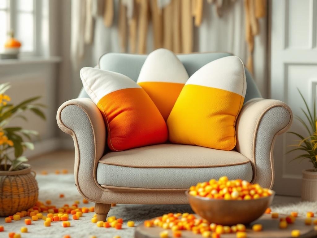 A cozy couch with candy corn inspired pillows and scattered candy corn pieces.