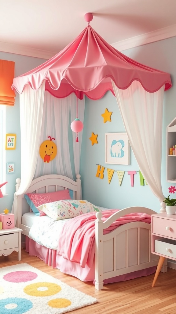 A pink canopy bed in a kids' room with cheerful decorations and colorful accents.
