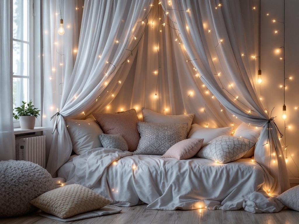 Cozy canopy bed reading nook with soft pillows and fairy lights