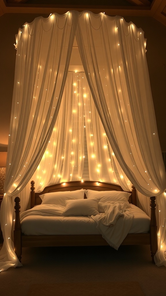 A cozy canopy bed with fairy lights and soft drapes