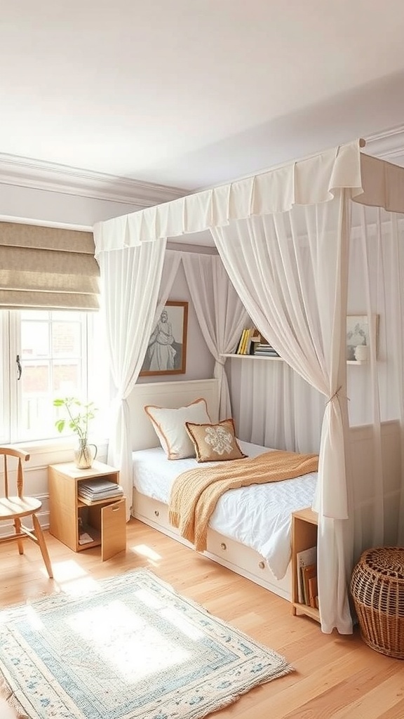 A cozy canopy bed in a small bedroom with light colors and natural light.