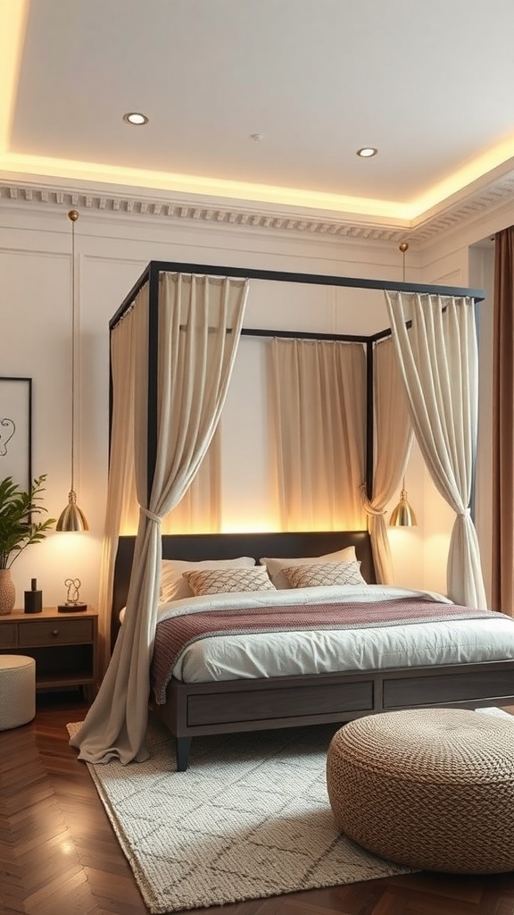 A stylish canopy bed with built-in lighting and elegant drapes.