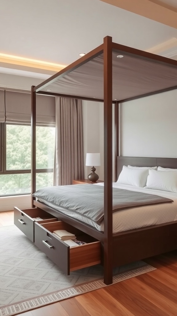 A modern canopy bed with under-bed storage drawers in a bright bedroom