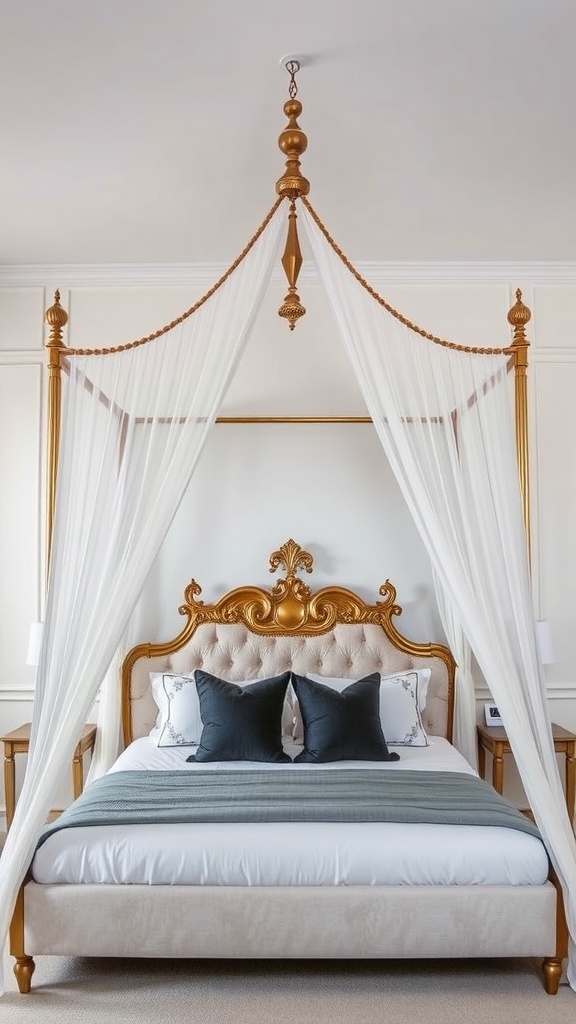 Elegant canopy bed with a unique golden headboard and soft fabric upholstery.