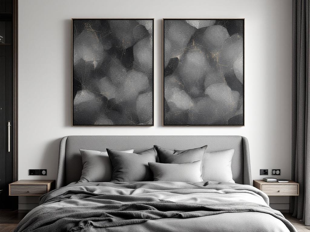 A modern bedroom featuring a gray upholstered headboard with two abstract canvas art pieces above it.