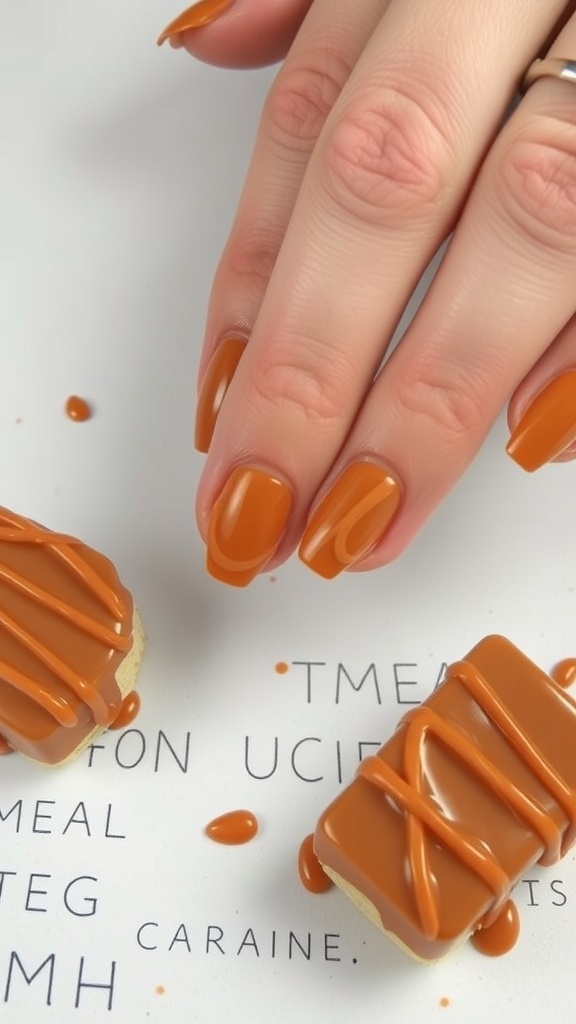 Close-up of hands with caramel brown nail polish and caramel desserts.
