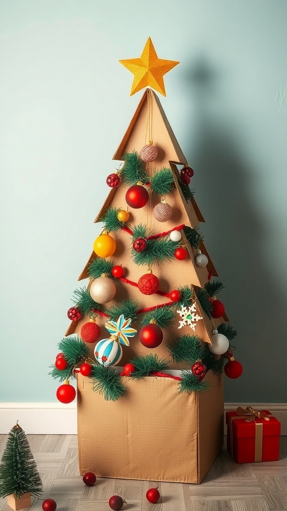 A cardboard box tree decorated with colorful ornaments and a star on top.