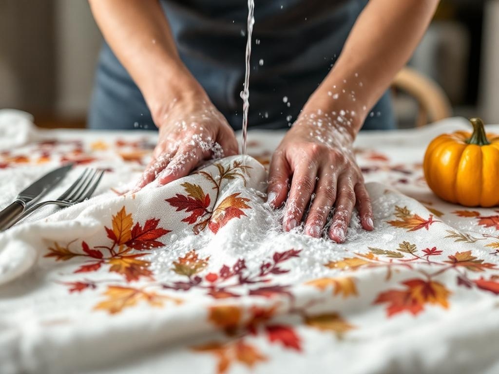 A person cleaning a Thanksgiving tablecloth with autumn leaves, with a small pumpkin on the side.