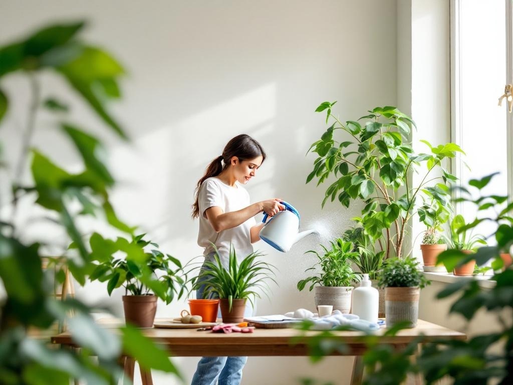A person watering indoor plants on a wooden table in a bright room