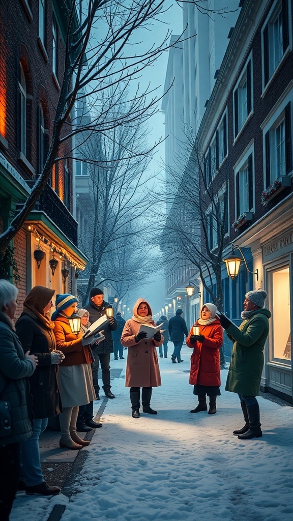 A group of carolers singing in a snowy neighborhood, surrounded by warm lights and festive decorations.