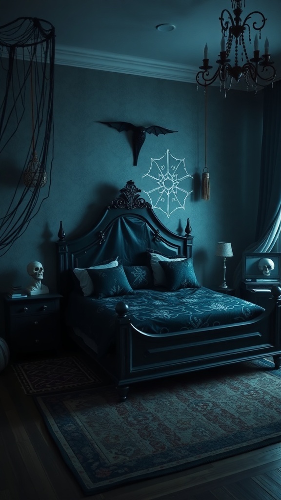 A dark-themed bedroom with casket-inspired furniture, featuring a gothic bed, skull accents, and Halloween decorations.