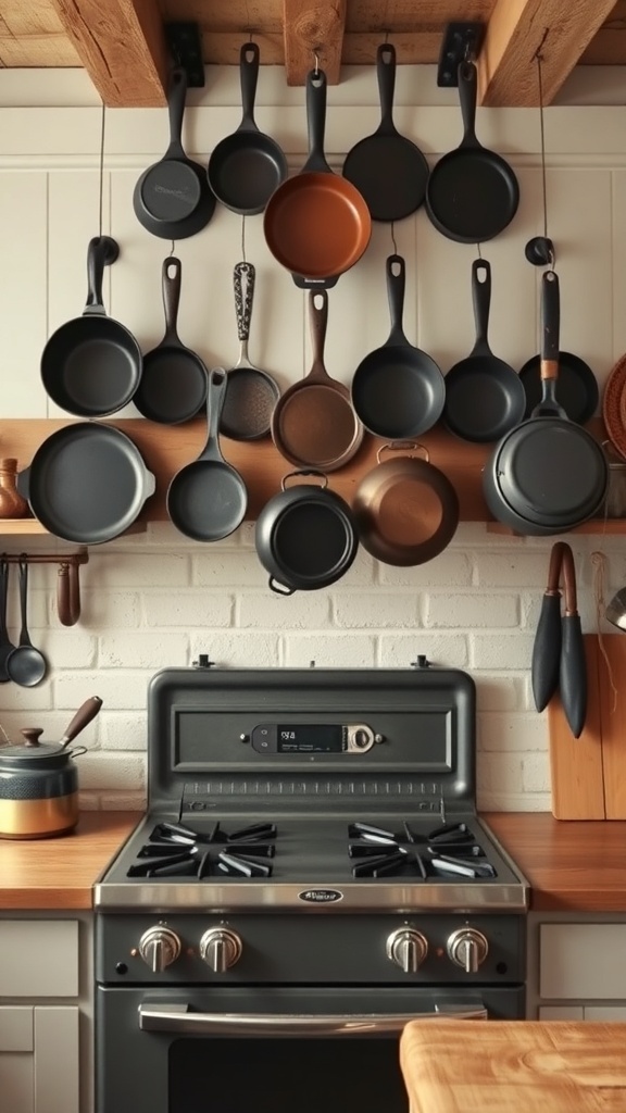 A display of various cast iron cookware hanging above a stove in a rustic farmhouse kitchen.
