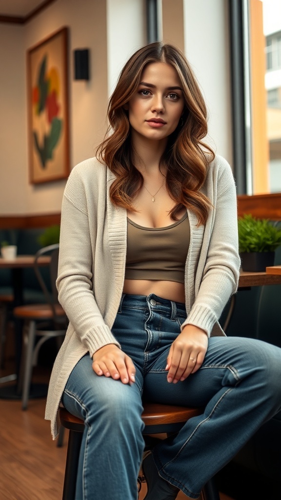 A woman sitting in a cafe wearing a casual cardigan and bootcut jeans, looking stylish and relaxed.