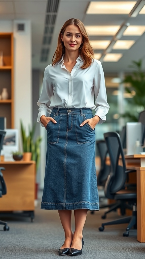 A woman in a white shirt and denim skirt standing in an office setting.