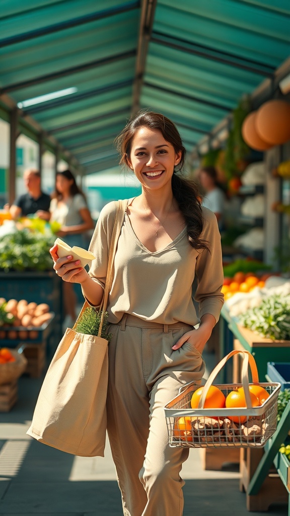 A woman in a neutral outfit shopping at a market, holding a basket of oranges and a tote bag with greens.