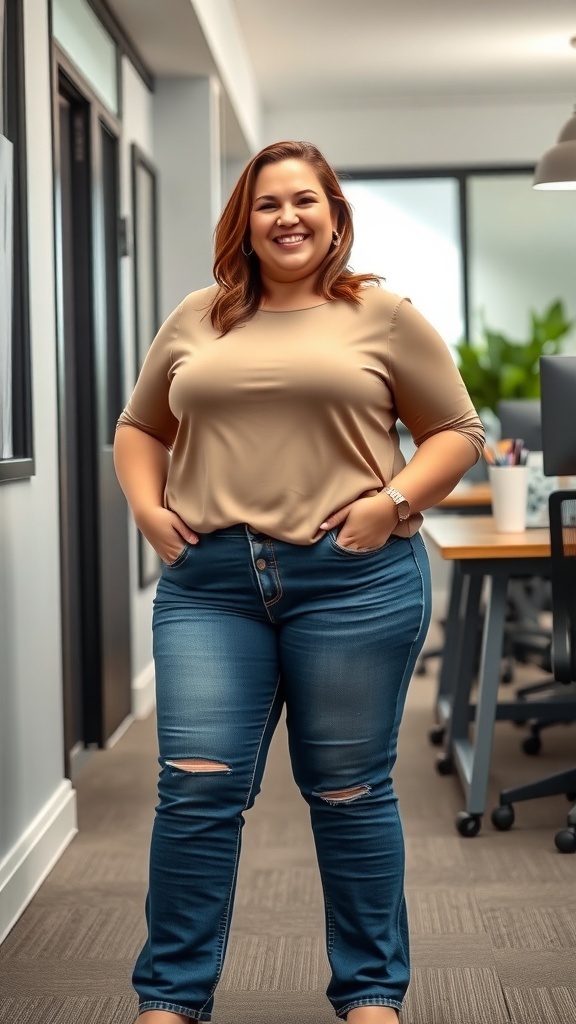 A plus-size woman in a business casual outfit, featuring a light brown top and ripped denim jeans, smiling in an office setting.